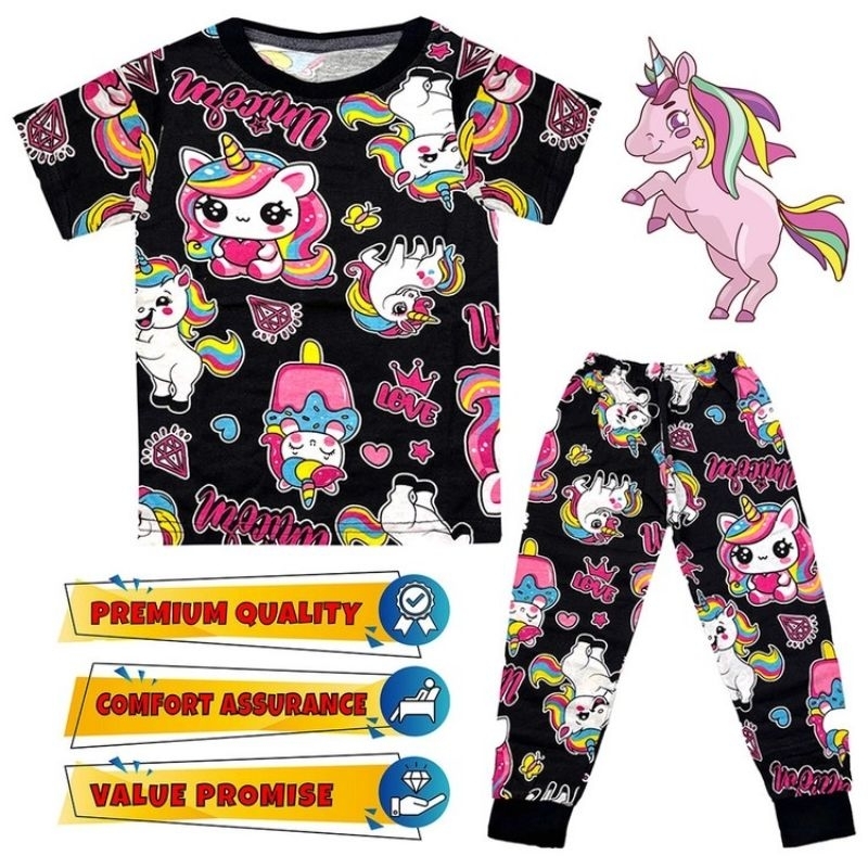BAJU TIDUR/ SLEEPWEAR/ PIJAMA : (6M-11Y) สีดํา UNICORN JEWEL SEDON Full Cotton Kids Budak Pakaian