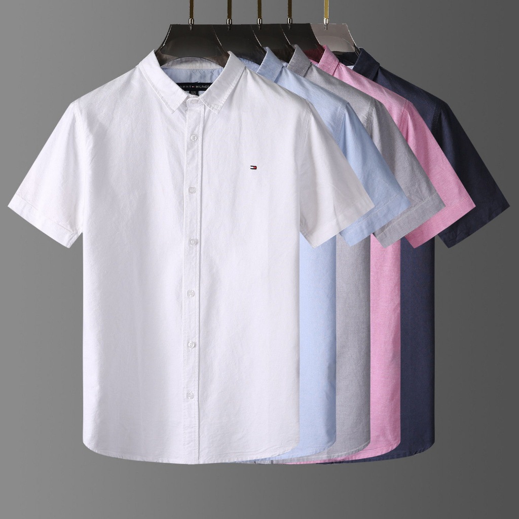 Tommy hilfiger เสื้อเชิ้ตผู้ชาย Oxford ลําลองสีทึบอเนกประสงค์เสื้อแขนสั้น Baju Lelaki TH