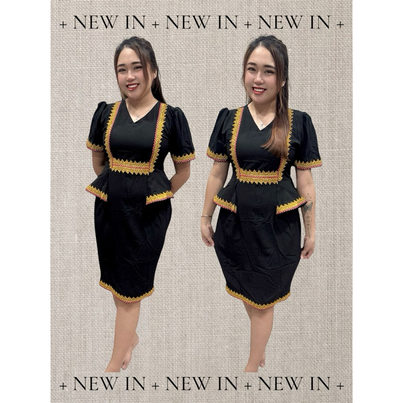 DRESS BORNEO PLAIN WITH PEPLUM RUFFLE V NECK