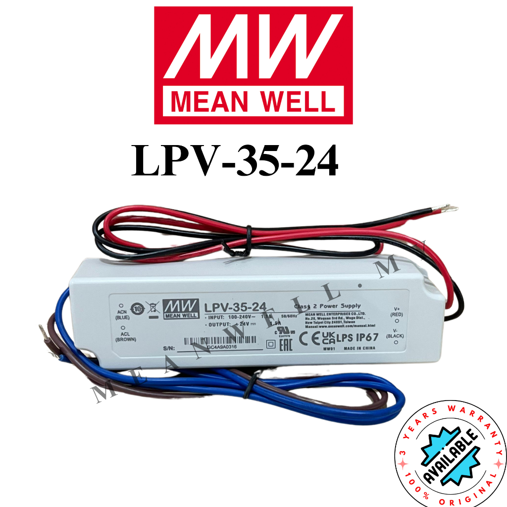 Mean Well LPV-35-24 35W 24V 1.5A Mean Well แหล่งจ่ายไฟระดับ IP67