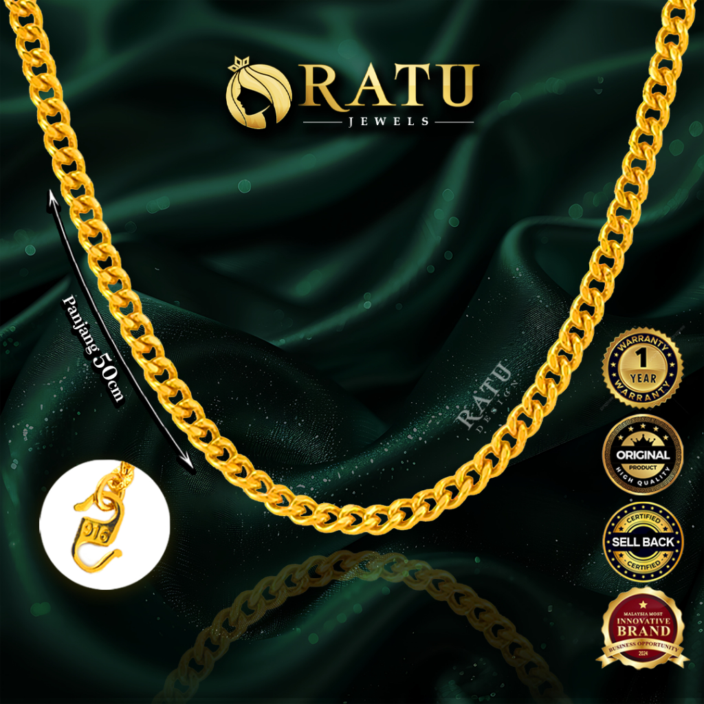 Rantai Leher (5.99g) Emas RATU Halus Panjang 50 ซม.ทุกวันสวมใส่สร้อยคอชุบเครื่องประดับ (03RJ)
