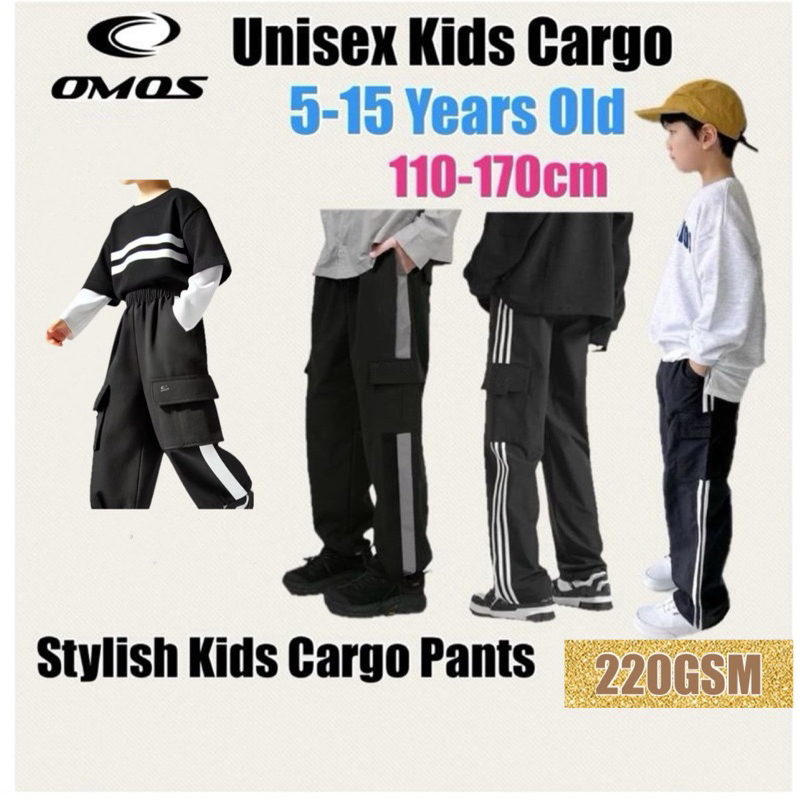 Omoss 220GSM Cotton Kids Cargo Unisex Stylish Cargo Pants Fashion Long Pants for Boys 5-16 Years Old
