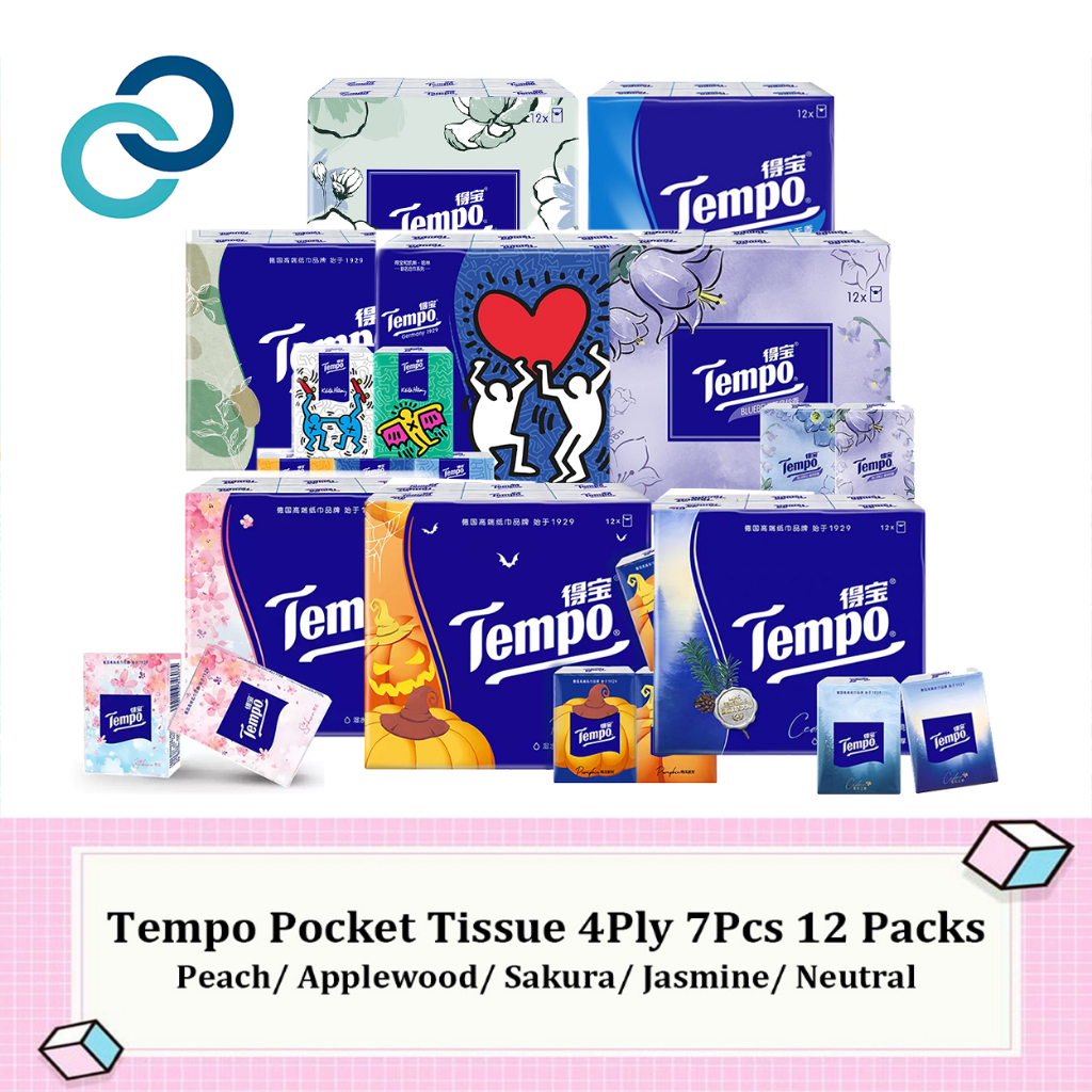 Tempo Pocket Tissue 4 ชั้น Peach/ Applewood/ Sakura/ Jasmine/ Neutral 7 ชิ้น/แพ็ค-12 แพ็ค/ถุง