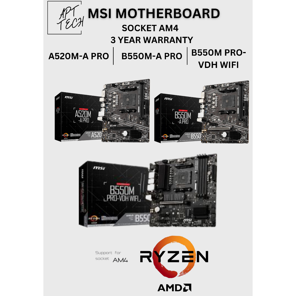 APTTECH MSI MOTHERBOARD MOBO SOCKET AM4 ยี่ห้อใหม่ A520M-A PRO B550M-A PRO B550M PRO-VDH WIFI