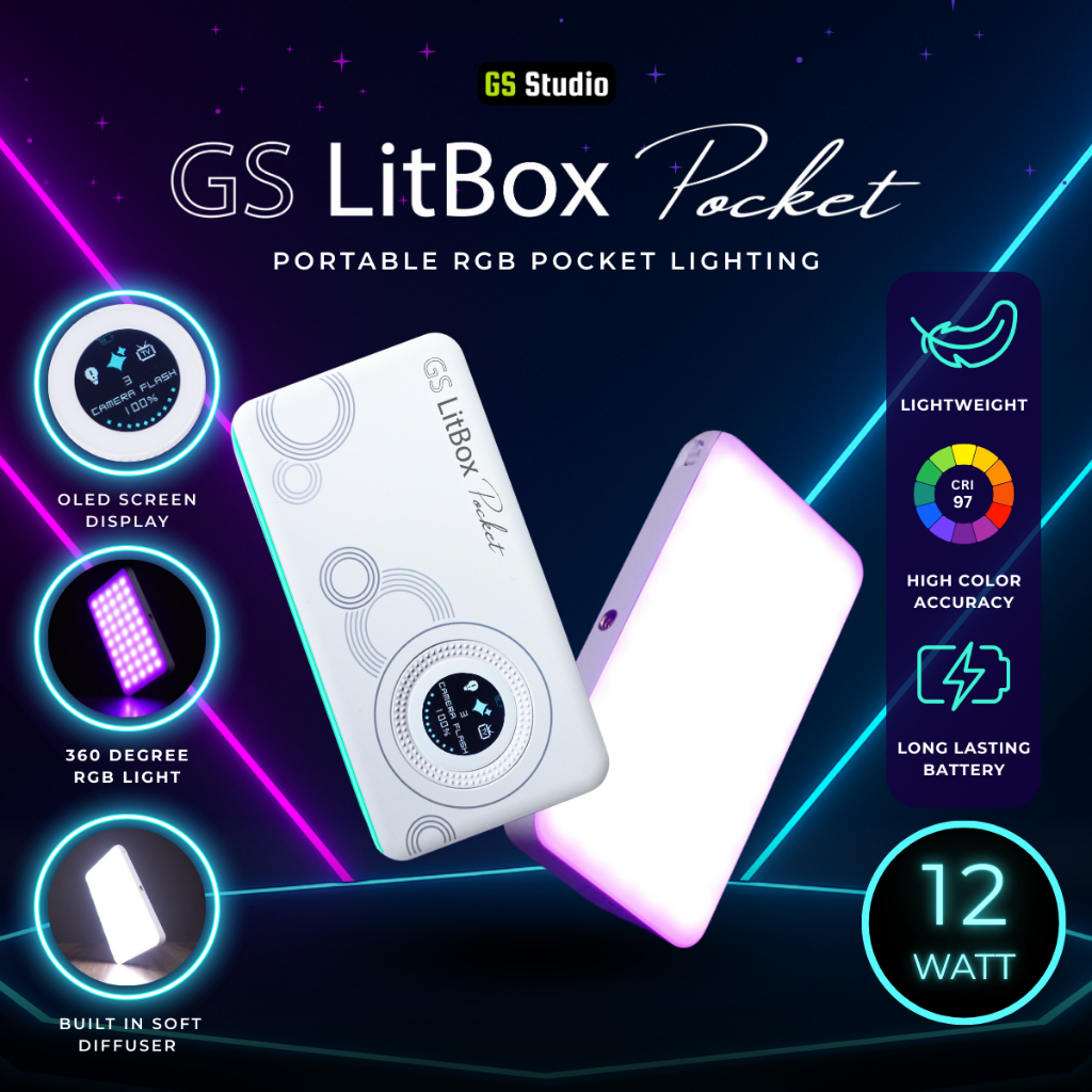 GS LitBox กระเป๋า 12W RGB แบบพกพากระเป๋า LED Video Light Daylight CCT 2700–7500K CRI 97 FX 5000mAh