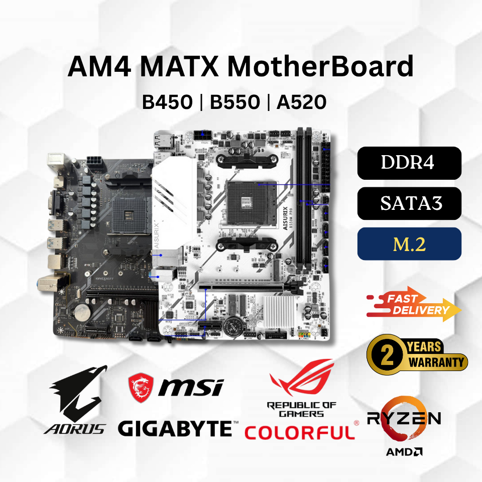 TECH TRUST AM4 MATX MOTHERBOARD COMBO AMD RYZEN B450/B550/B650/A520 DDR4 AISURIX/ MSI/ COLORFUL/ GIG