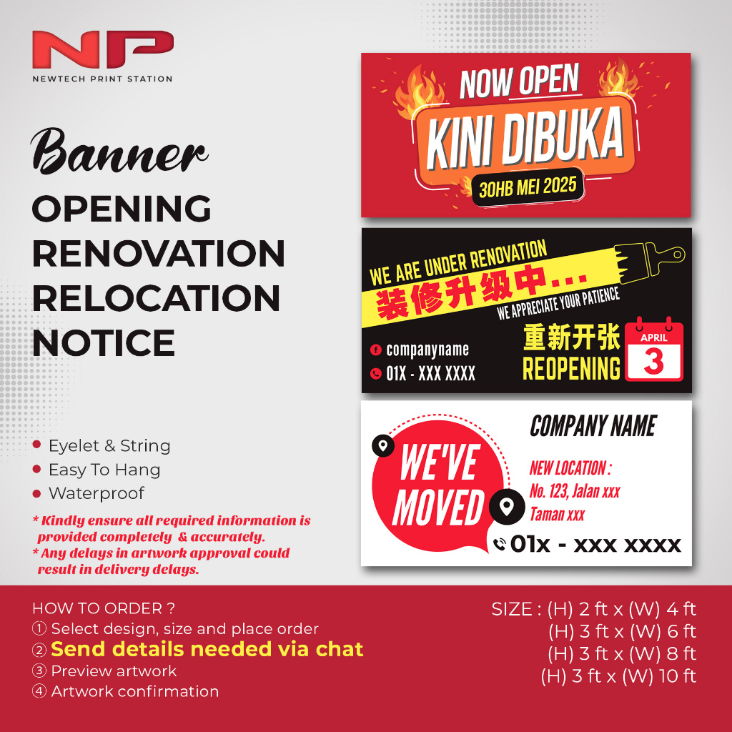 แบนเนอร์ Kini Dibuka / Grand Opening / Renovation Template-Relacement Text (Tarpaulin 380gsm, ตาไก่ 