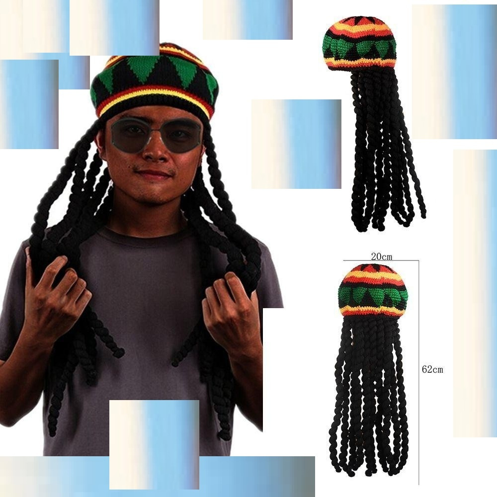 Marlis rambut palsu kerinting topi Bob Marley ผมวิกผมหมวกสําหรับผู้ชายผู้หญิง menari joget raang rr4