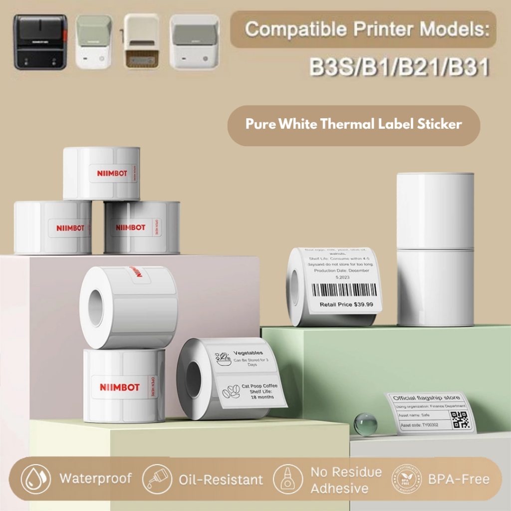 Niimbot White Sticker B21/B1/B3S/B31/K3 สติ๊กเกอร์กันน้ํา สติ๊กเกอร์กันน้ํามัน
