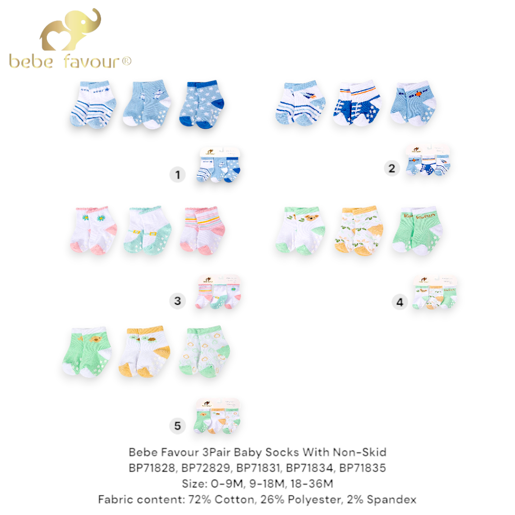 Bebe Favour ถุงเท้าเด็ก 3 คู่พร้อมกันลื่น BP71828, BP71829, BP71831, BP71834, BP71835