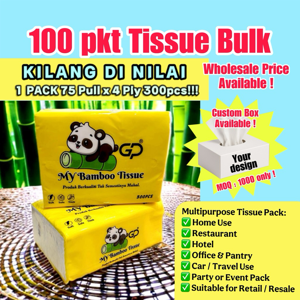 ทิชชู่ PKT 100 ชิ้น/เนื้อเยื่อ Tisu Borong/Klang เนื้อเยื่อ Tisu สั่งทําพิเศษ