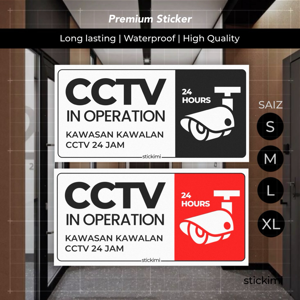 สติ๊กเกอร์ CCTV In Operation 24 Jam Minimalist Premium Matte Sign Tahan Cuaca & Waterproof