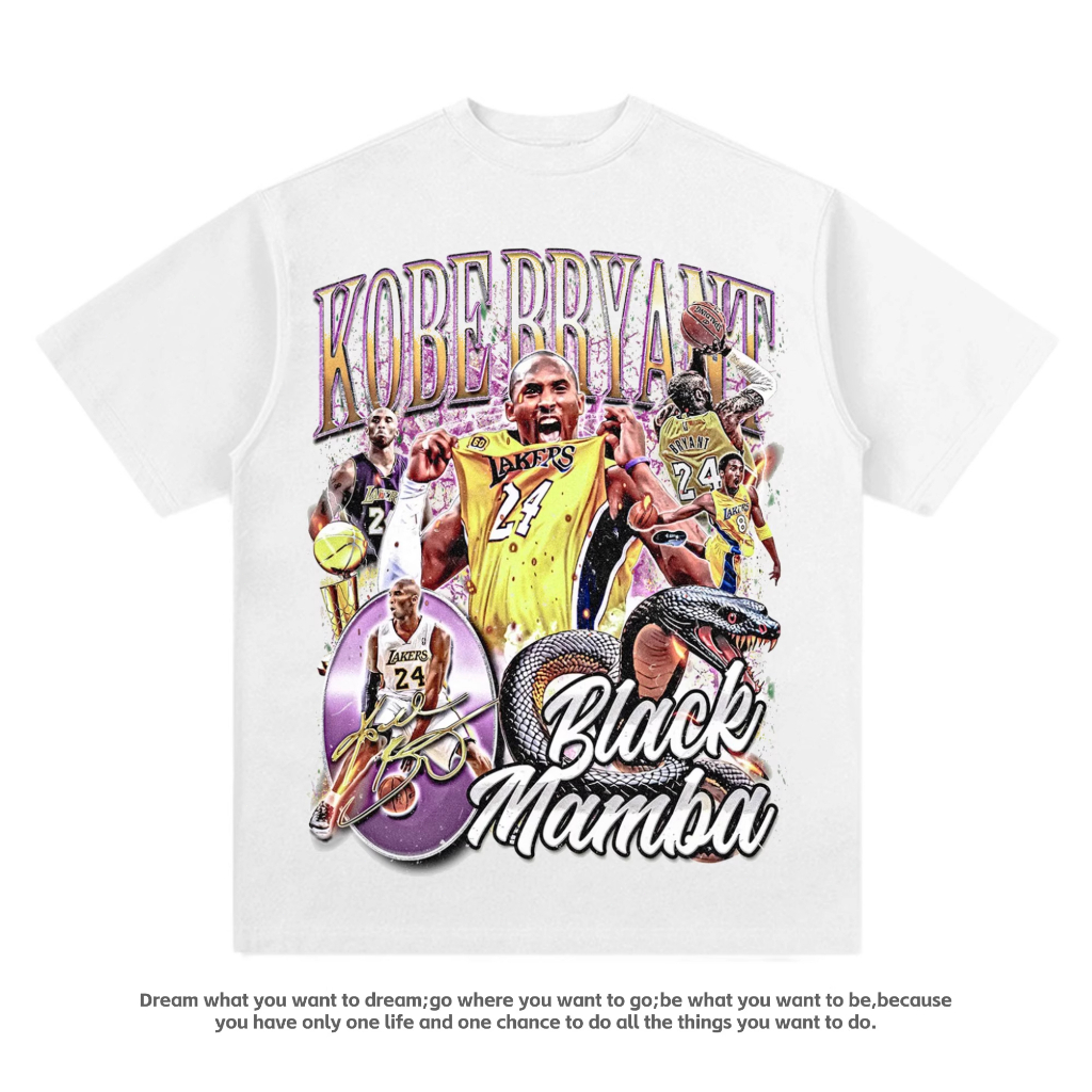เสื้อยืด Baju lelaki Oversize retro street cork kourse Kobe Bryant, teks "KOBE BRYANT", "Black Mamba
