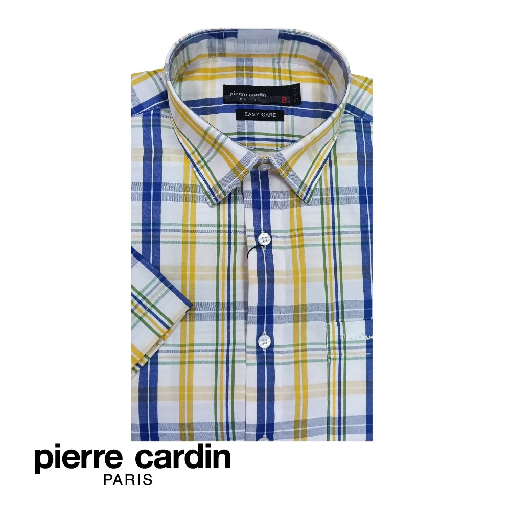 Pierre Cardin Mens Short Sleeve Check Shirt With Pocket (Semi Regular Fit) - สีเหลืองสีฟ้า (W5405B-1