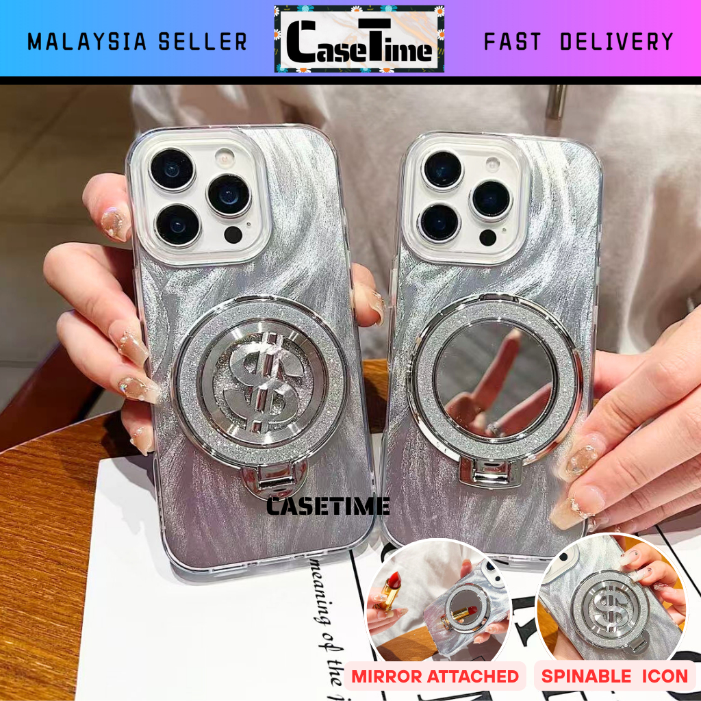 Oppo A3 A5 Pro A15 A15s A16 A17 A17k A18 A31 A53 2020 A38 fon sarung spin เงินกระจกขาตั้งแหวน feathe