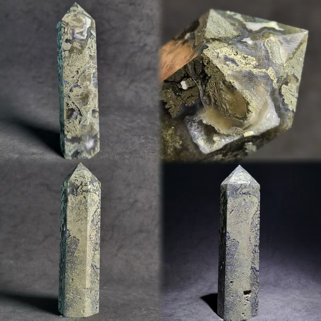 สินค้าจริง 98 มม./122g California Pyrite In Agate / Nipomo Marcasite Agate Crystal Tower加黄铜和 生菜水摆件