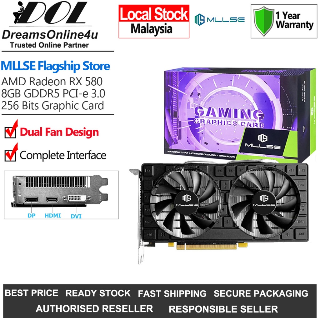 ใหม่ MLLSE AMD Radeon RX 580 8GB GDDR5 256 Bits 1340Mhz 4K Dual แฟนกราฟิกการ์ด HDMI DVI DP