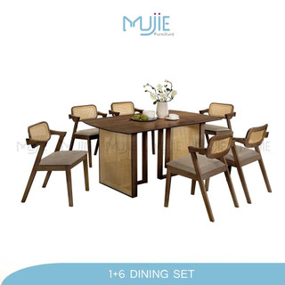 MUJiE Rattan Art Premium Solid Wood Dining Set 1+6 / 1+8 Meja Makan