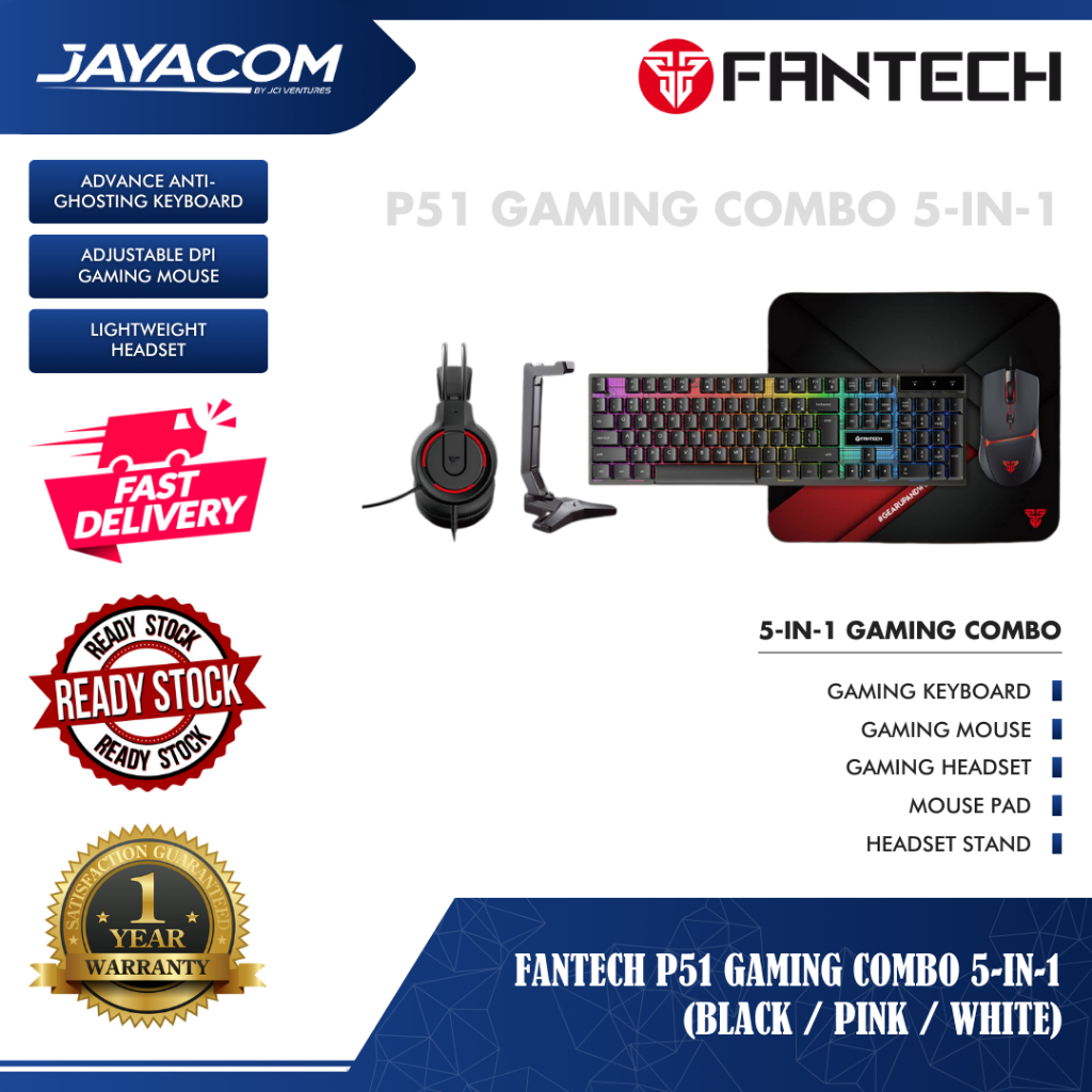 Fantech P51 Gaming Combo 5-in-1 – สีดํา / ชมพู / ขาว (คีย์บอร์ดเกมมิ่ง + เมาส์ + ชุดหูฟัง + ขาตั้งชุ