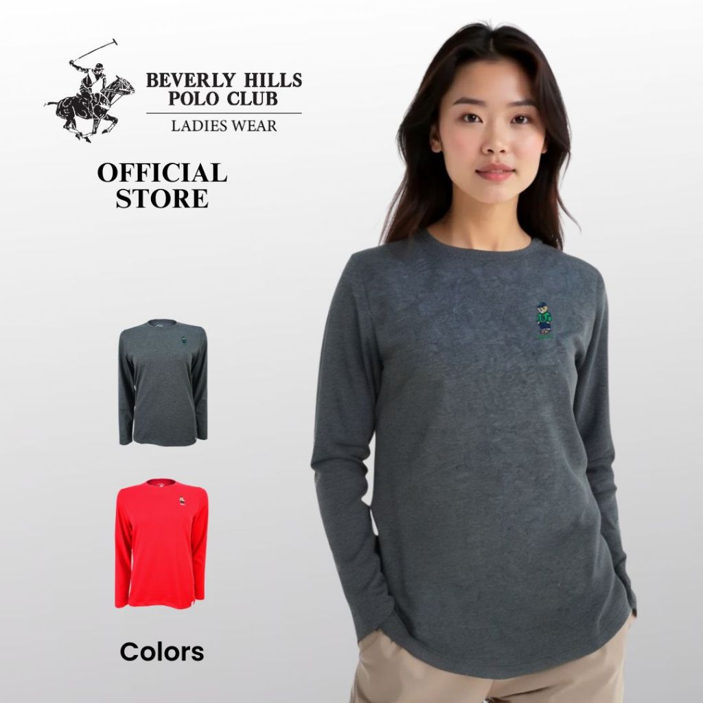 BHPC BHT328 เสื้อยืดผู้หญิงผ้าฝ้ายแขนยาว | โลโก้หมีคอกลม Sulam Casual Regular Fit S-XL
