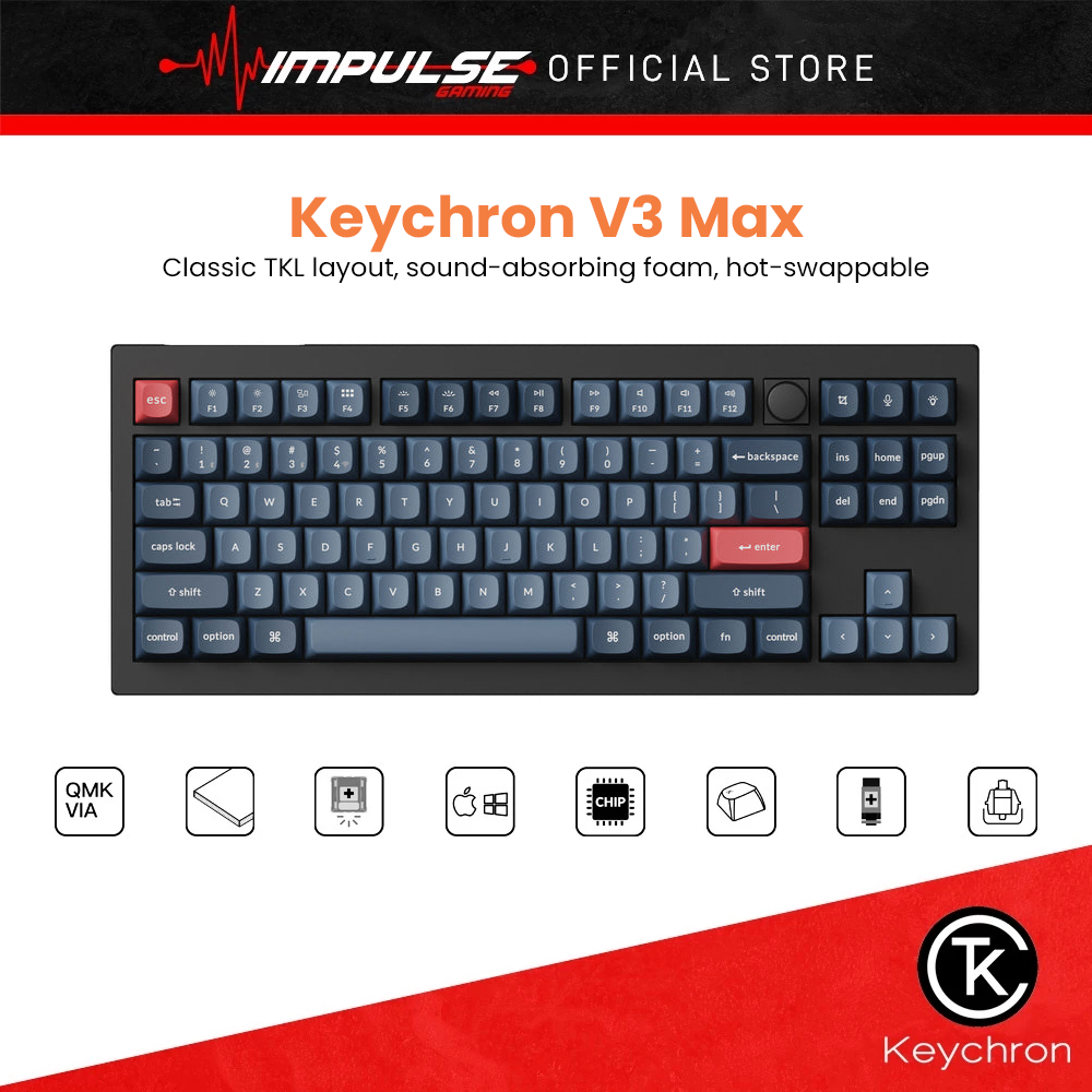 Keychron V3 Max ANSI 80% TKL 87 คีย์คาร์บอนสีดํา RGB คีย์บอร์ดไร้สาย - ลูกบิดสีแดง / สวิตช์กล้วย