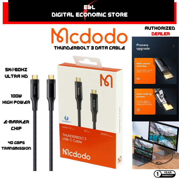 รับประกัน1Yr MCDODO CA 876 Thunderbolt 3.0 Cable 0.8M USB-C to USB-C รองรับการชาร์จ 100W ความเร็วการ