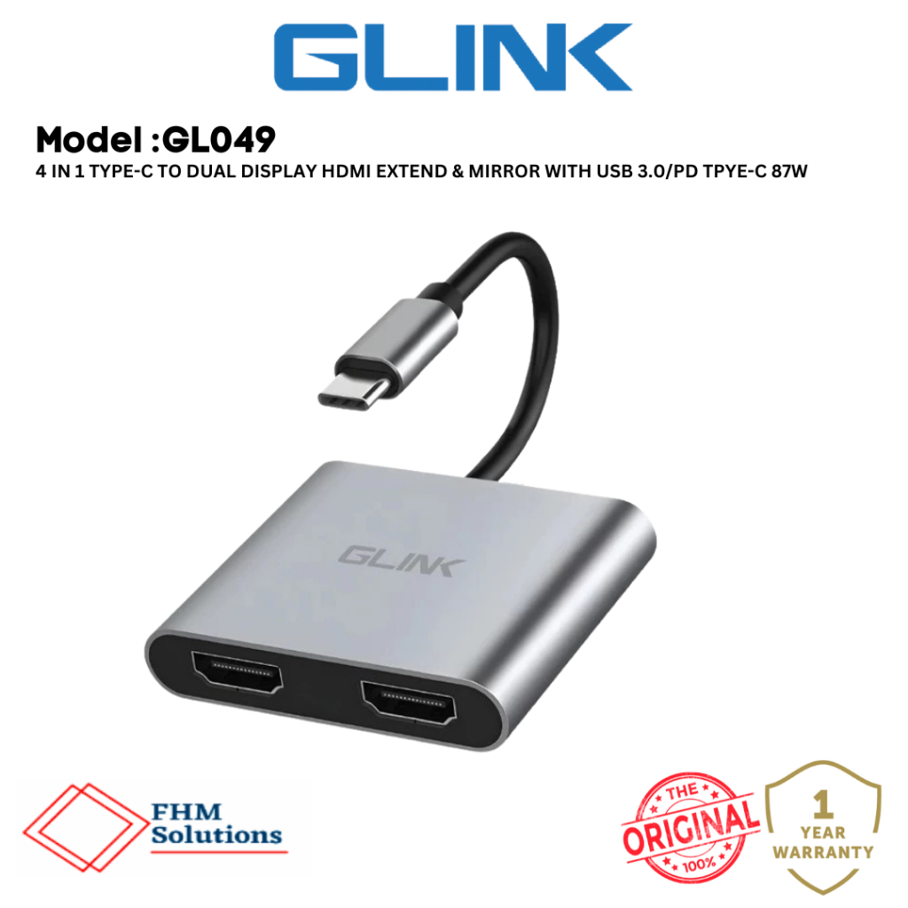 GLINK GL049 TYPE-C TO DUAL DISPLAY HDMI EXTEND & MIRROR พร้อม USB 3.0/PD TPYE-C 87W