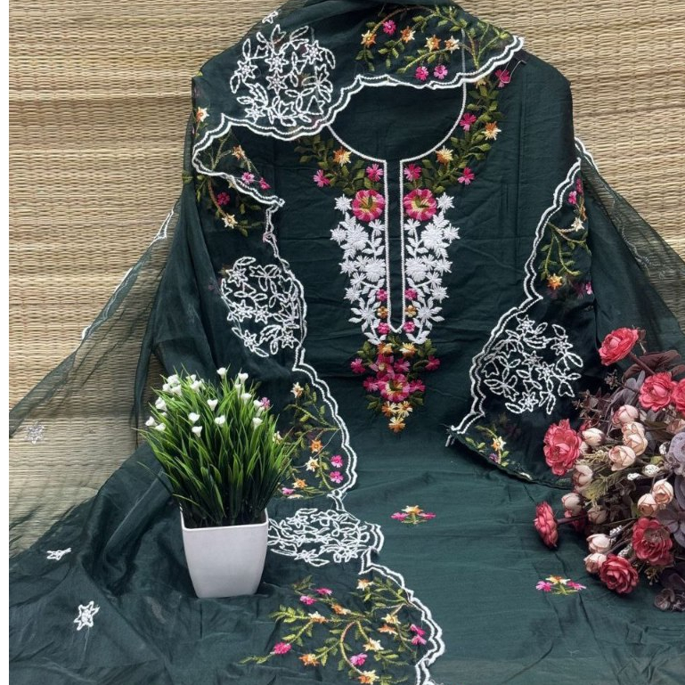 Unstitched Punjabi ชุดวัสดุ Heavy Chanderi พร้อมคอเย็บปักถักร้อยทํางาน Kain Jahit Punjabi ชุด