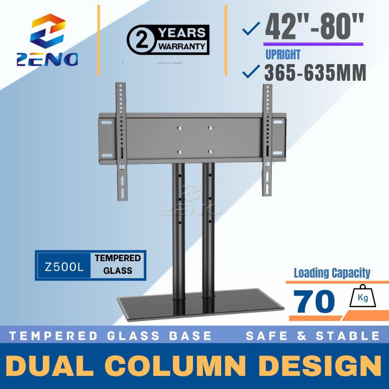 Zeno Z500L 42"-80" Universal Dual คอลัมน์ขาตั้งทีวีกระจกนิรภัยปรับความสูงตารางขาตั้งทีวี Mount TV Br