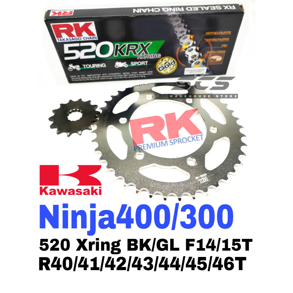 RK ชุดเฟือง Kawasaki Ninja Z400 Z300 Z500 RK 520 KRX X-Ring Gold Chain Rantai Ninja400 XRING Ninja30