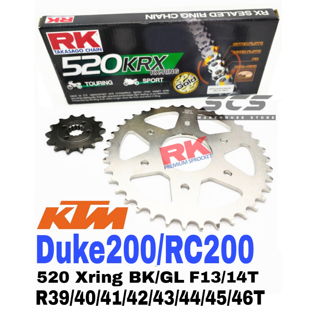 RK ชุดเฟือง KTM Duke 200 RC 200 6 หลุม 520 KRX X-Ring โซ่สีดําทอง F13-14T R39-46T Duke200 Rantai Xri
