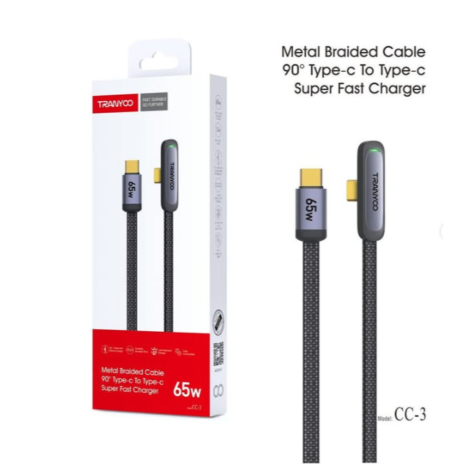 TRANYOO METAL BRAIDED CABLE 90 TYPE-C TO TYPE-C 65W SUPER FAST CHARGER