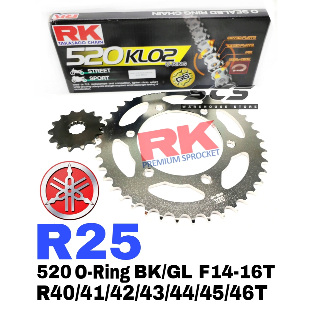 ชุดเฟือง RK YAMAHA R25 520 RK KLO2 O-Ring Rivet สีดํา/ทอง F14-16T R40-47T V1-V2 Rantai สีดํา ORNtai 