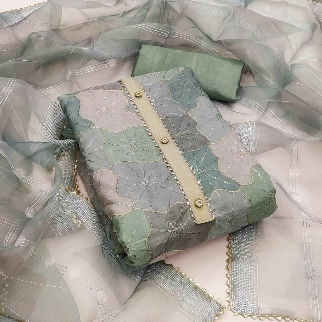 Unstitched Organza Silk Punjabi ชุดวัสดุพิมพ์ทํางาน Kain Jahit Punjabi ชุด