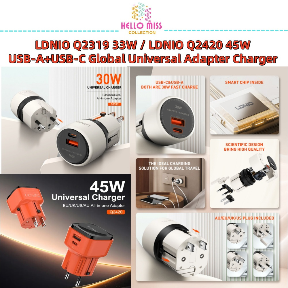 LDNIO Q2319 PD+QC30W / Q2420 PD45W+QC30W 45W Fast Charging Global Universal Adapter Charger พร้อมสาย