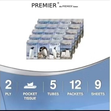 Premier Penguin Pocket Tissue 5x12pkt9แผ่น / Premier Hanky Pack Tissue (4 x 10 x 8s)