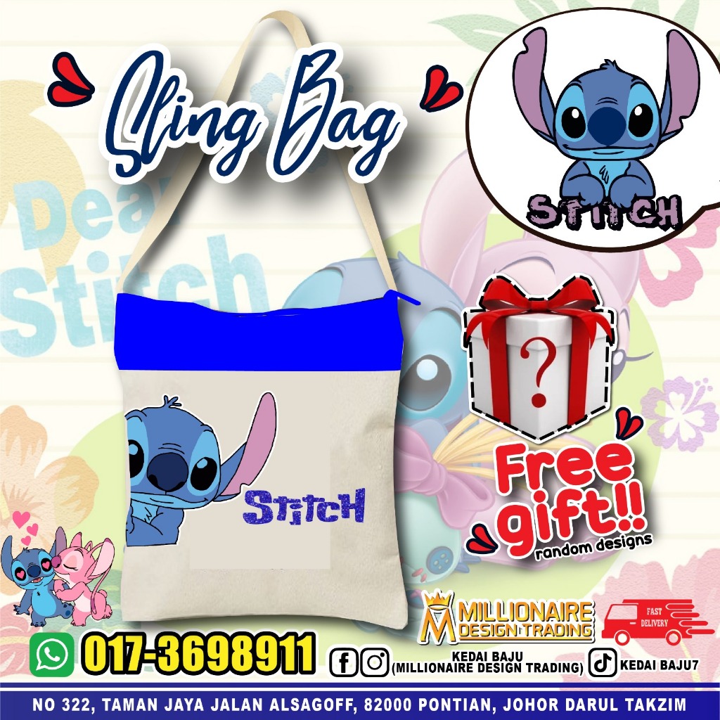 LILO&STITCH CARTOON STEERING 奇 ผ้าใบนักเรียนสําหรับเด็กผู้ใหญ่ SLING BEG BIRTHDAY GKIDS SLING BEG SC