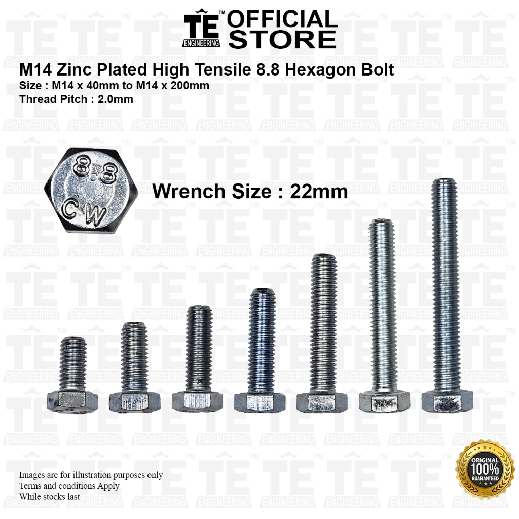 M14 x 2.00mm Pitch Zinc Plated High Tensile 8.8 Bolt (ประแจขนาด 22mm )