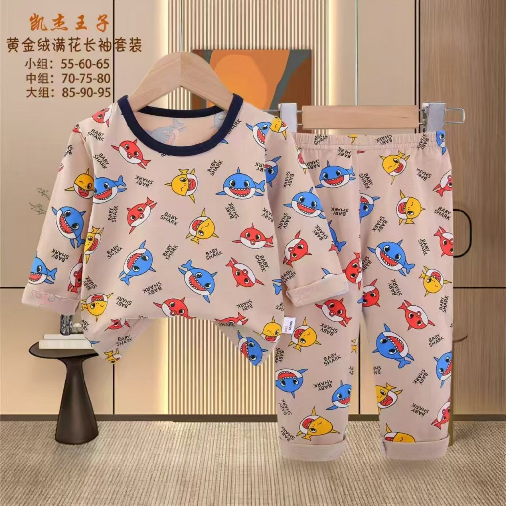 QPyjamas สไตล์เกาหลีเกาหลีวัสดุ Baby Doo Shark ชุดนอนชุดนอนชุด