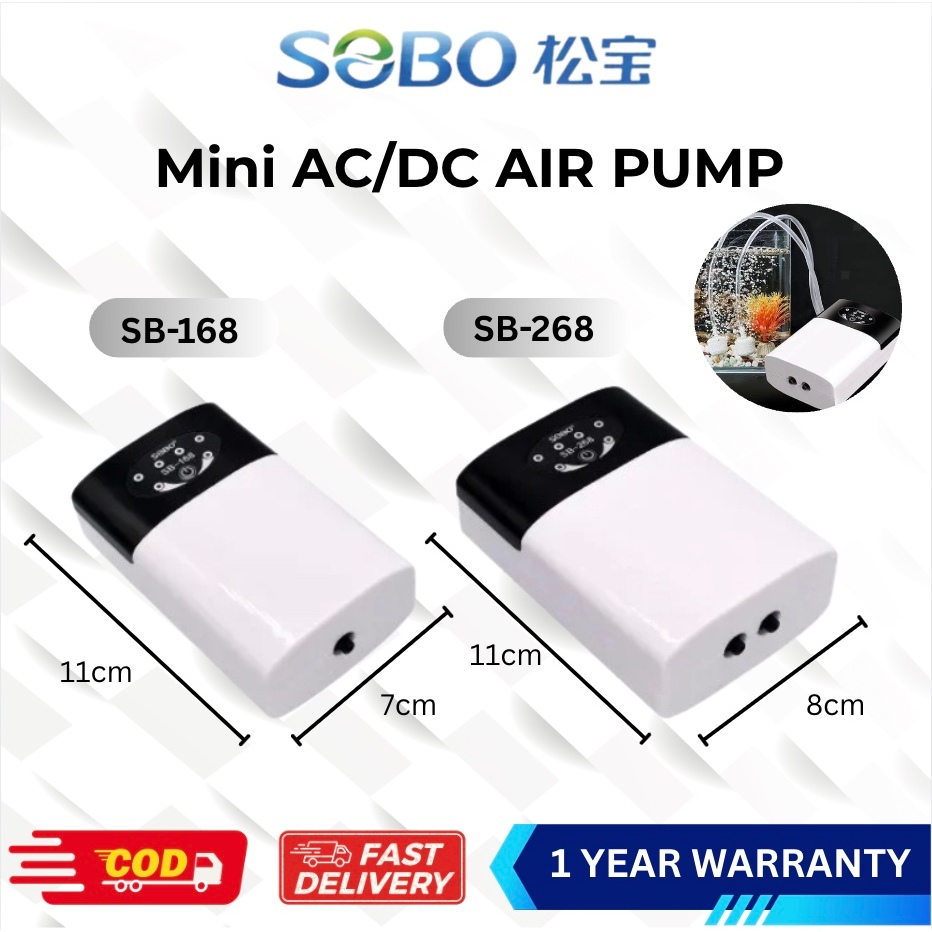 SOBO Mini AC/DC ปั๊มลม SB168 SB268 แบตเตอรี่ชาร์จ USB แบบพกพา Aquarium ปั๊มลม Pam Akuarium