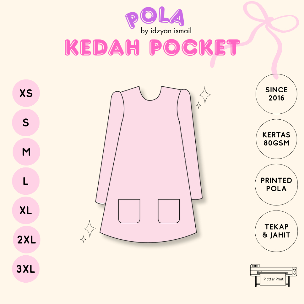 ง่าย SEWING PATTERN KURUNG KEDAH FRONT POCKET BLOUSE PATTERN ผู้ใหญ่เสื้อผ้า PATTERN XS-3XL