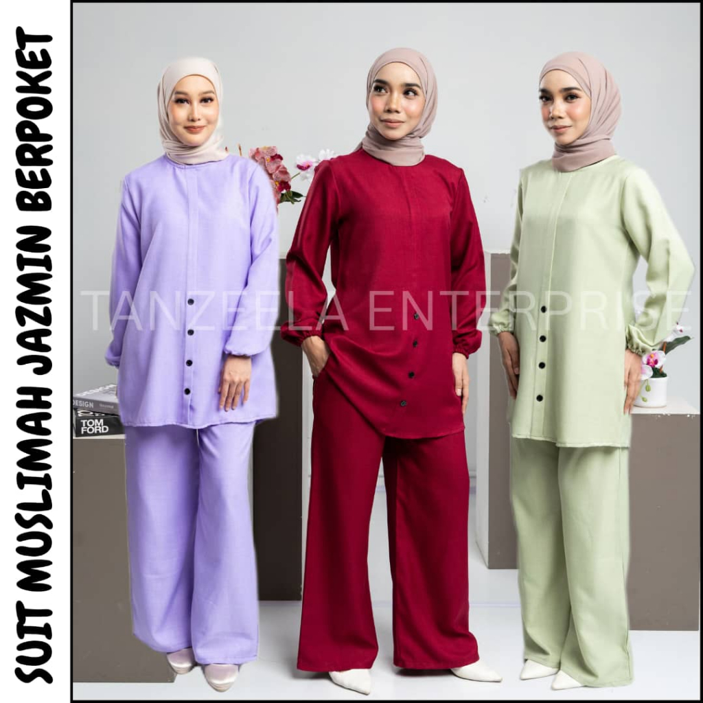 Jazmin - ชุดสูท Muslimah Beposket, Set Warda Plus Size (S-3XL), Kain Cotton Linen, Official / Casual