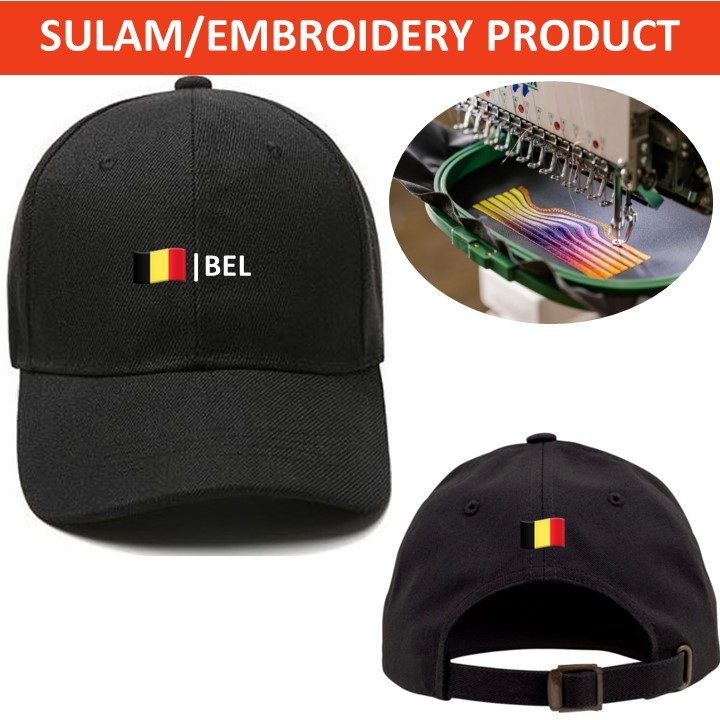 EMBROIDERY SULAM EMOJIS BEL BELGIUM FLAG LOGO BASEBALL 100% POLYESTER CAP ADJUSTABLE STRAP สีดํา