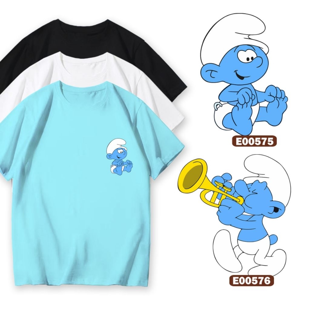 COUPLE T SHIRT Baju boxer smurf สีฟ้าคอกลมแขนสั้น Streetwear E00575 E00576