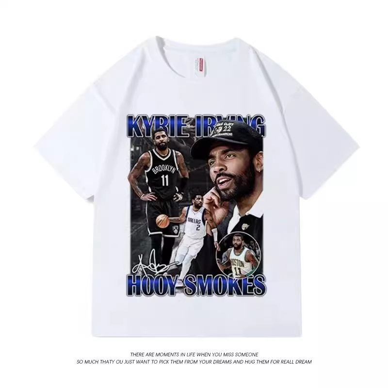 เสื้อยืด Baju lelaki Oversize retro street cork kourse Kyrie Irving, teks "KYRIE IRVING", "HOOY SMOK