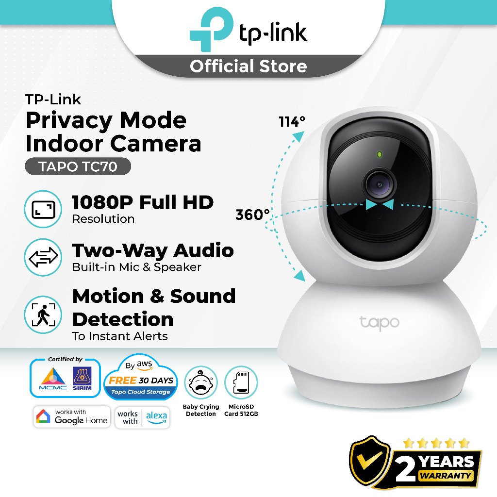 TP-Link Tapo TC70 กล้องวงจรปิดไร้สาย 1080P AI Motion Detect 360 View Night Vision 2 Way Audio