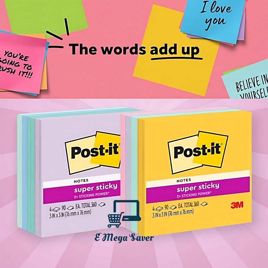 3M Post-it Super Sticky Notes (3in x 3in) 90s x 4pads