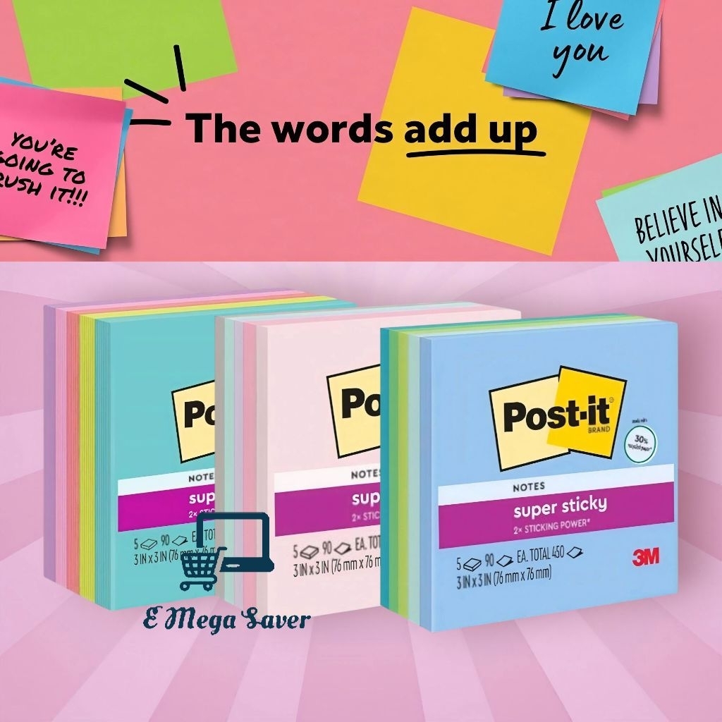 3M Post-it Super Sticky Notes (3in x 3in) 90s x 5pads
