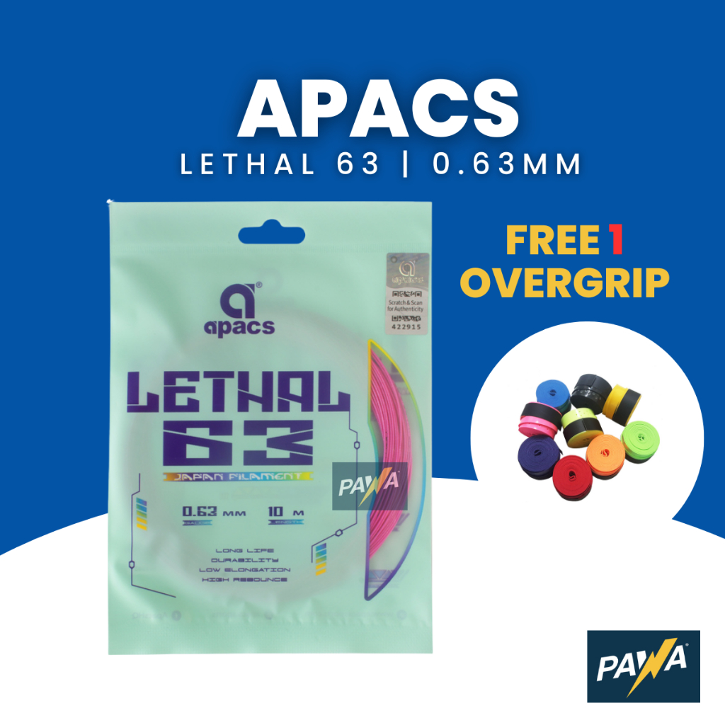 APACS Lethal 63 สายแบดมินตัน 0.63MM High Repulsion Long Life Free 1 Overgrip