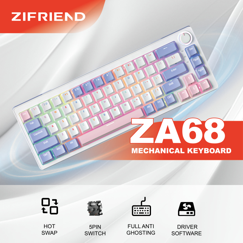 Zifriend ZA68 คีย์บอร์ดไร้สายแบบกลไก 65% RGB Light Hotswap Knob Gaming Keyboard